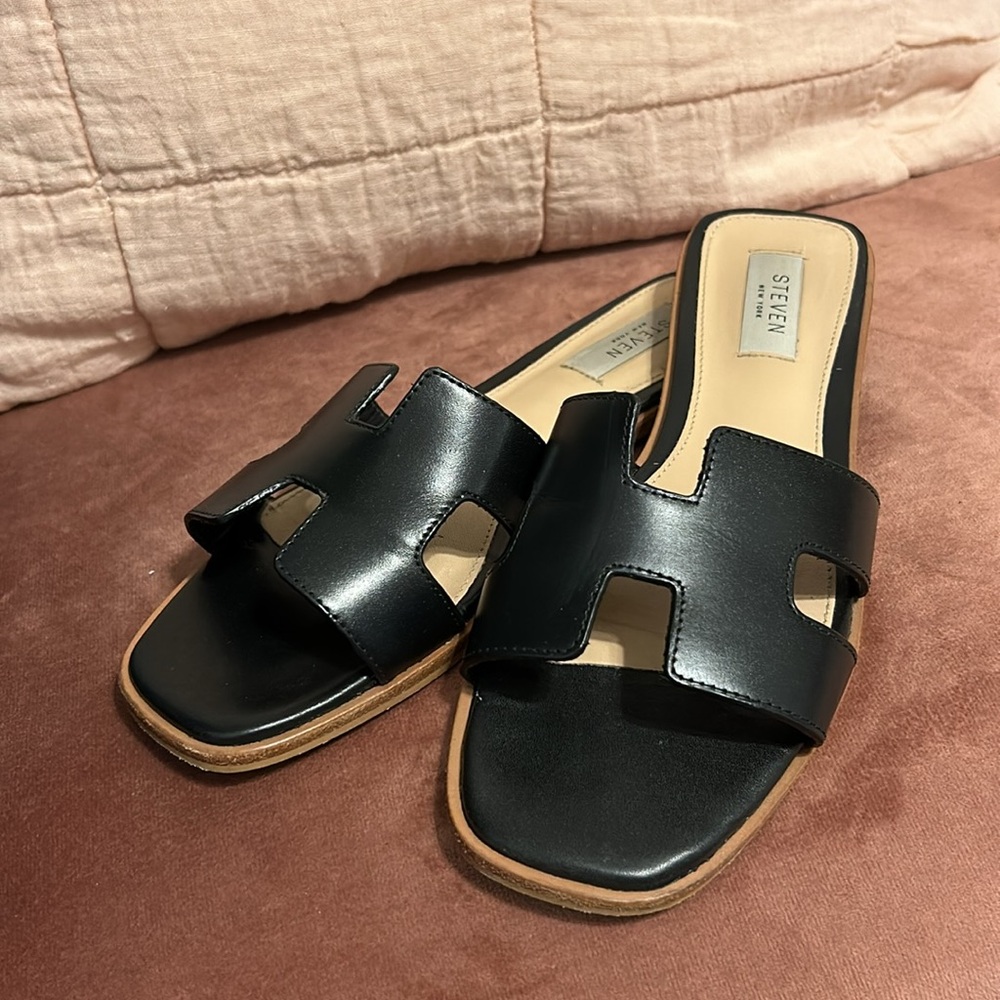 Black Leather Sandals, Size 8
